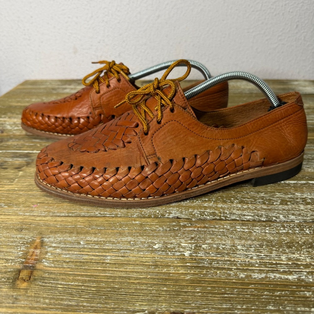 Vintage Rios Crafts Brown Leather Woven Huarache Lace Up Oxfords Shoe Mexico 9 - Picture 6 of 10